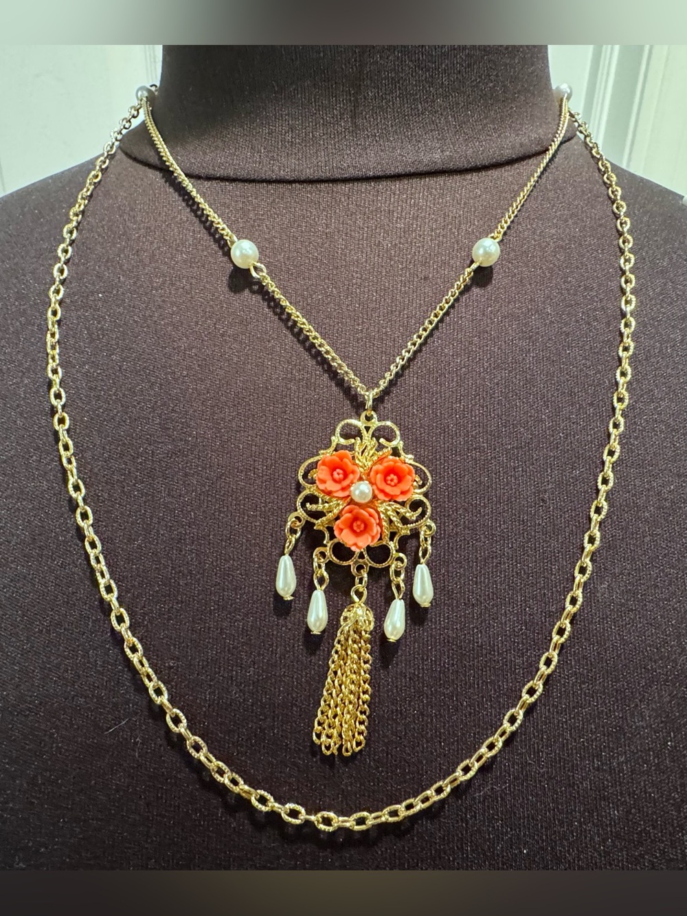 VTG Victorian Revival Double Strand Faux Coral Rose & Pearl Tassel Necklace